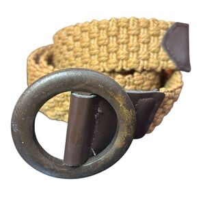 Vintage Woven Jute Belt with Round Wooden 2.5” Buckle Boho Bohemian Tan 42” long